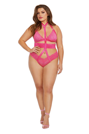 Bralette and Harness Panty - One Size - Fuchsia