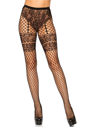 Lace French Cut Faux Garter Net Tights - One Size  Black