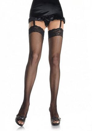 Fishnet Thigh Highs With Lace Top- One Size - Blk