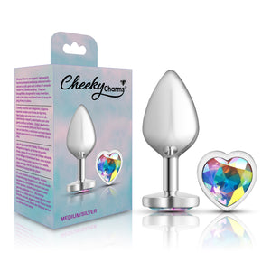 Cheeky Charms-Silver Metal Butt Plug- Heart-Clear-Small/Med/Lg