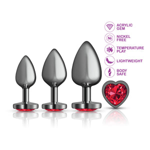 Cheeky Charms - Metal Butt Plug  Gunmetal - Heart Dark Red - Anal Trainer Kit