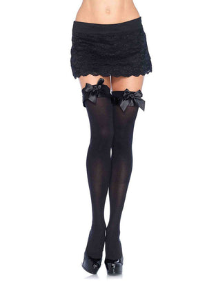 Opaque Thigh Highs With Satin Ruffle Trim and Bow - One Size - Black