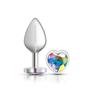 Cheeky Charms-Silver Metal Butt Plug- Heart-Clear-Small/Med/Lg