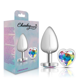 Cheeky Charms-Silver Metal Butt Plug- Heart-Clear-Small/Med/Lg