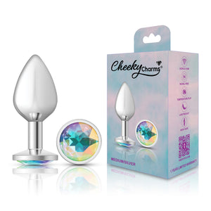 Cheeky Charms-Silver Metal Butt Plug- Round-Clear-Small/Med/Lg