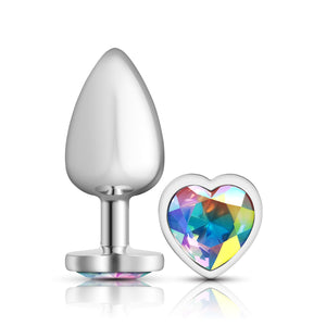 Cheeky Charms-Silver Metal Butt Plug- Heart-Clear-Small/Med/Lg