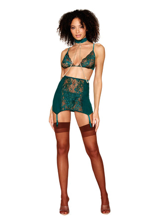 Garter Skirt With Bra & G-String and Collar - One  Size - Peacock