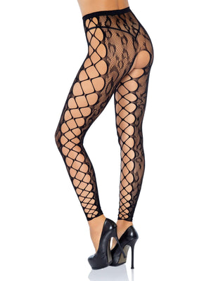 Footless Leopard Lace Crotchless Tights - Black