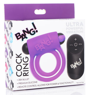 Bang - Silicone Cock Ring and Bullet With Remote  Control - Black/Pink/Purple/Blue