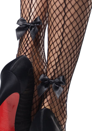 Stay Up Industrial Net Backseam Thigh Highs With Lace Top and Satin Bow Accent - One Size - Black