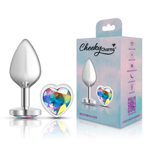 Cheeky Charms-Silver Metal Butt Plug- Heart-Clear-Small/Med/Lg