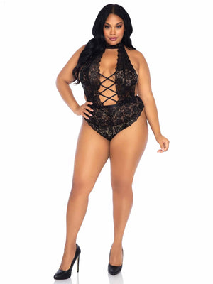 Floral Lace Crotchless Teddy - 1x/2x - Black