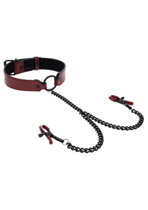 Saffron Collar With Nipple Clamps - Black/red