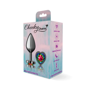 Cheeky Charms-Gunmetal Metal Butt Plug- Heart-Rainbow-Small/Medium/Lg