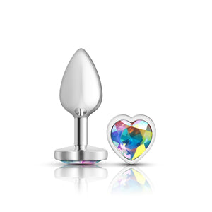 Cheeky Charms-Silver Metal Butt Plug- Heart-Clear-Small/Med/Lg